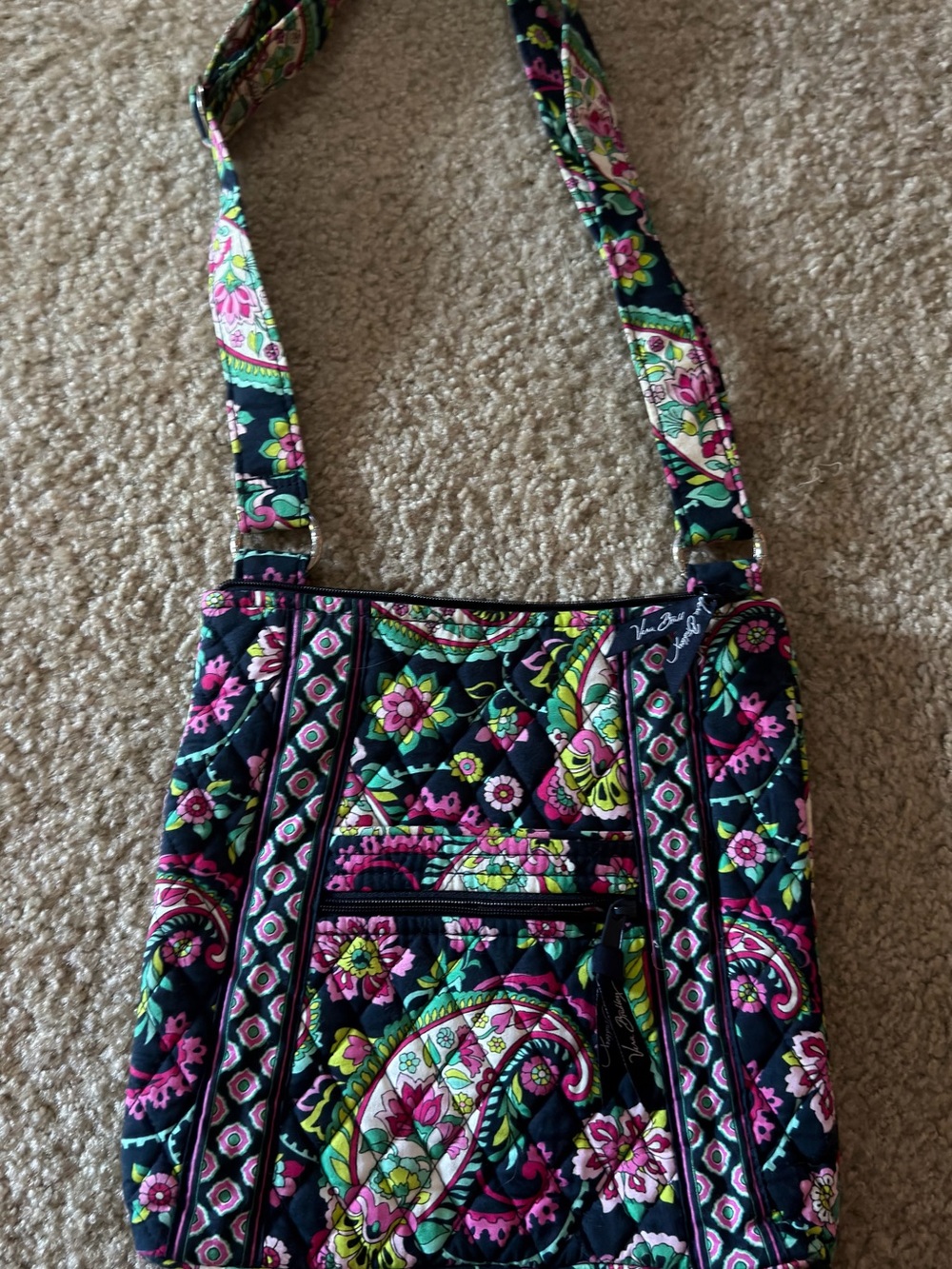Vera Bradley Black Quilted Crossbody with Retired Pattern Pink & Green Paisley